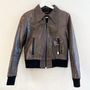 Vintage Women’s Crop Leather Bomber Jacket Taupe Size 38 XS